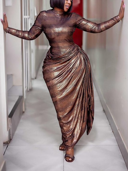 Liquid Bronze Asymmetric Tail Maxi Dress