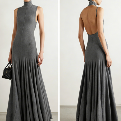 Heather Gray Mock Neck Pleated Maxi Dress