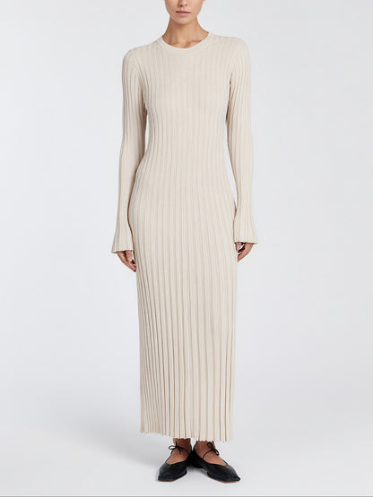 Elegant Stone Sleeved Knit Midi Dress