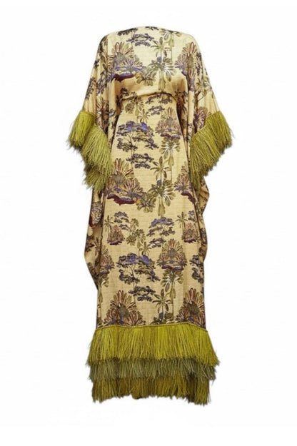 Tropical Oasis Fringe Kaftan Maxi Dress