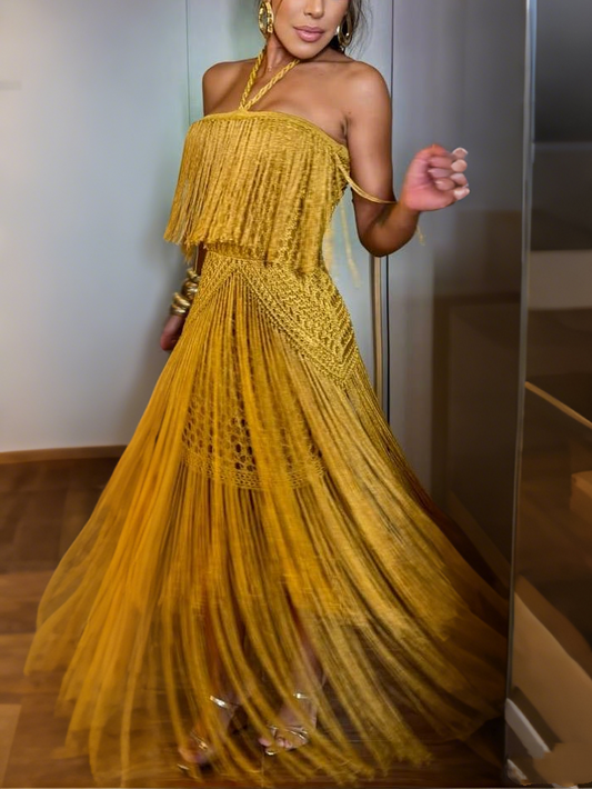 Golden Crochet Fringe Halter Midi Dress