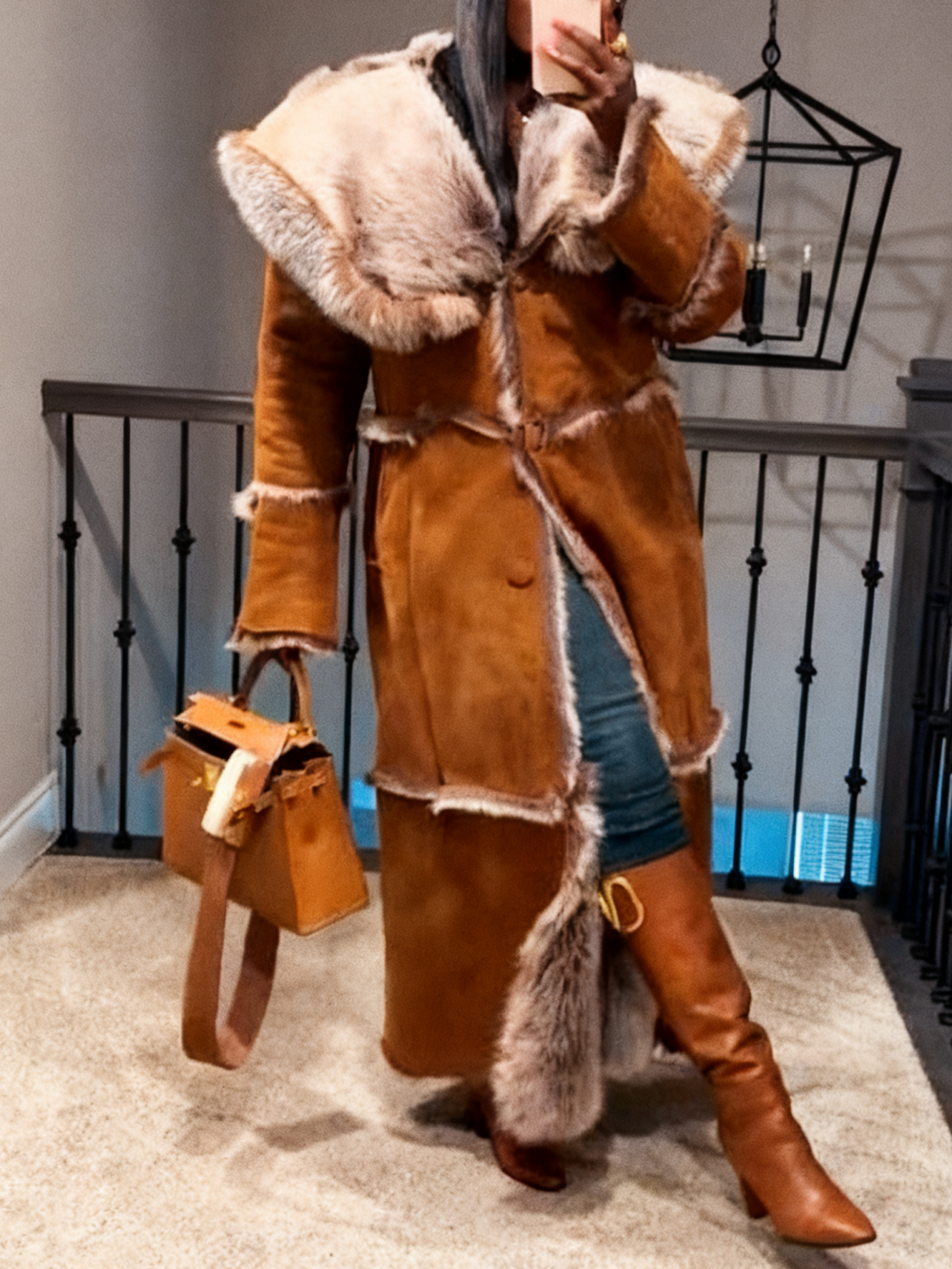 Stylish Long Shearling Fur Coat