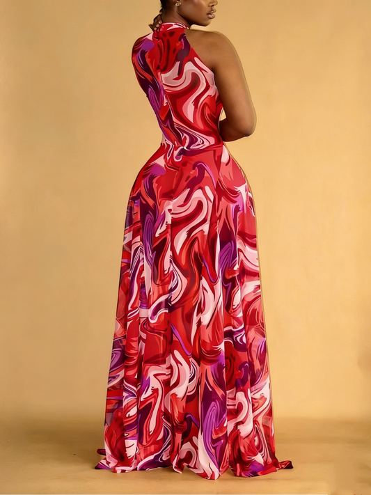 Red & Pink Marble Print Halter Neck Maxi Dress