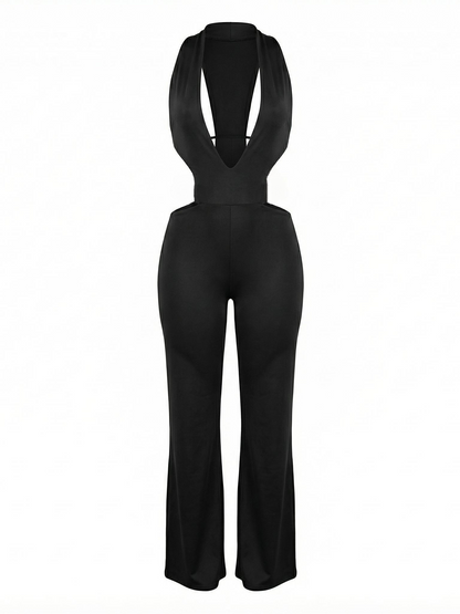 Black Deep Plunge Cutout Halter Neck Jumpsuit