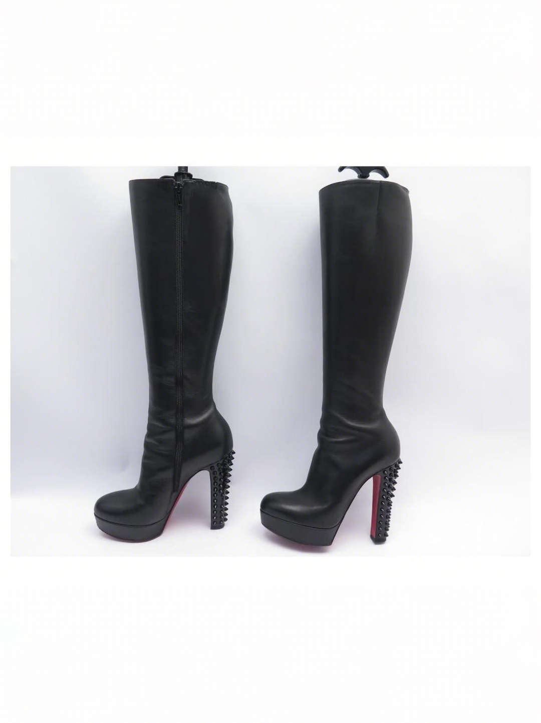 Black Leather Knee-High Boots with Studded Spike Heels