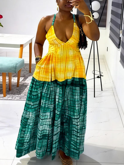 Vibrant Checkered Pattern Two - Tone Halter Dress