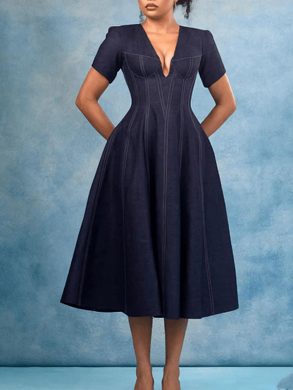 Deep V Neck & Corset Navy Blue Denim Midi Dress