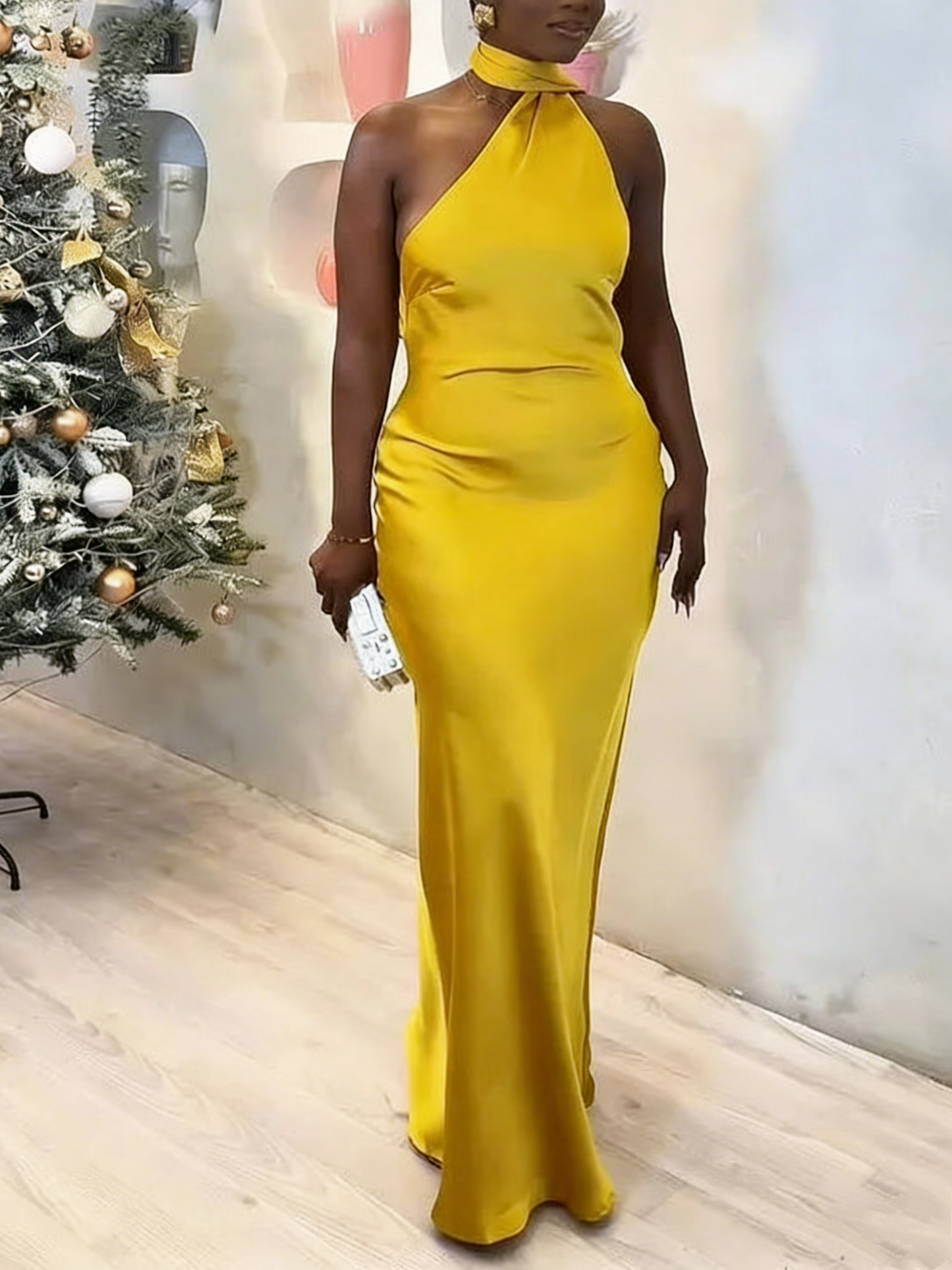 Bright Yellow Halter Neck Satin Maxi Dress