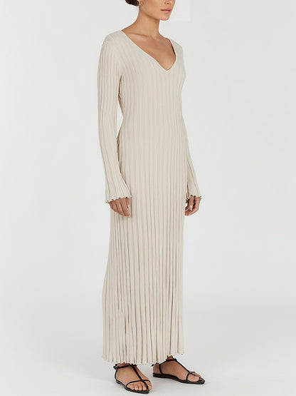Elegant Stone Sleeved Knit Midi Dress