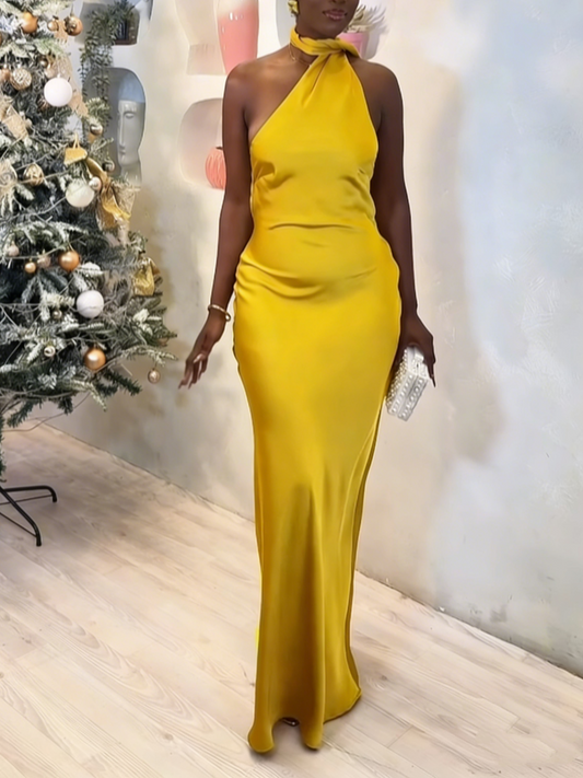Bright Yellow Halter Neck Satin Maxi Dress