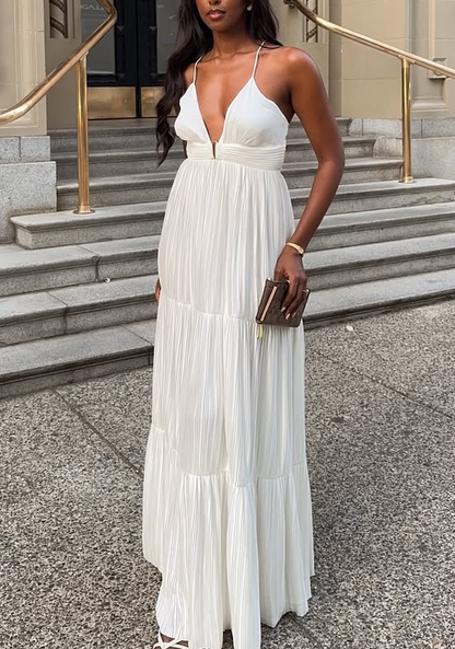 Elegant White Deep V Neck Sleeveless Maxi Dress
