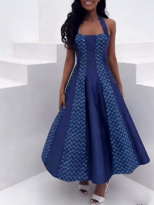 Navy Halter Neck Midi Dress