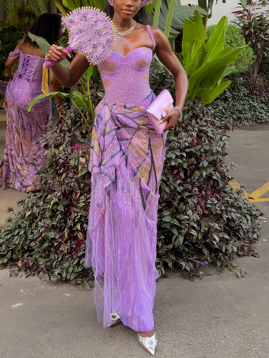 Lavender Beaded Sequin Maxi Dress