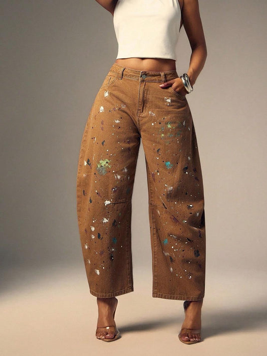 Fashion Ink Jet Print Barrel Leg Jeans