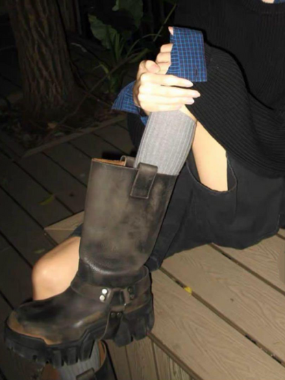 Stylish Black High - Top  Chunky Boots