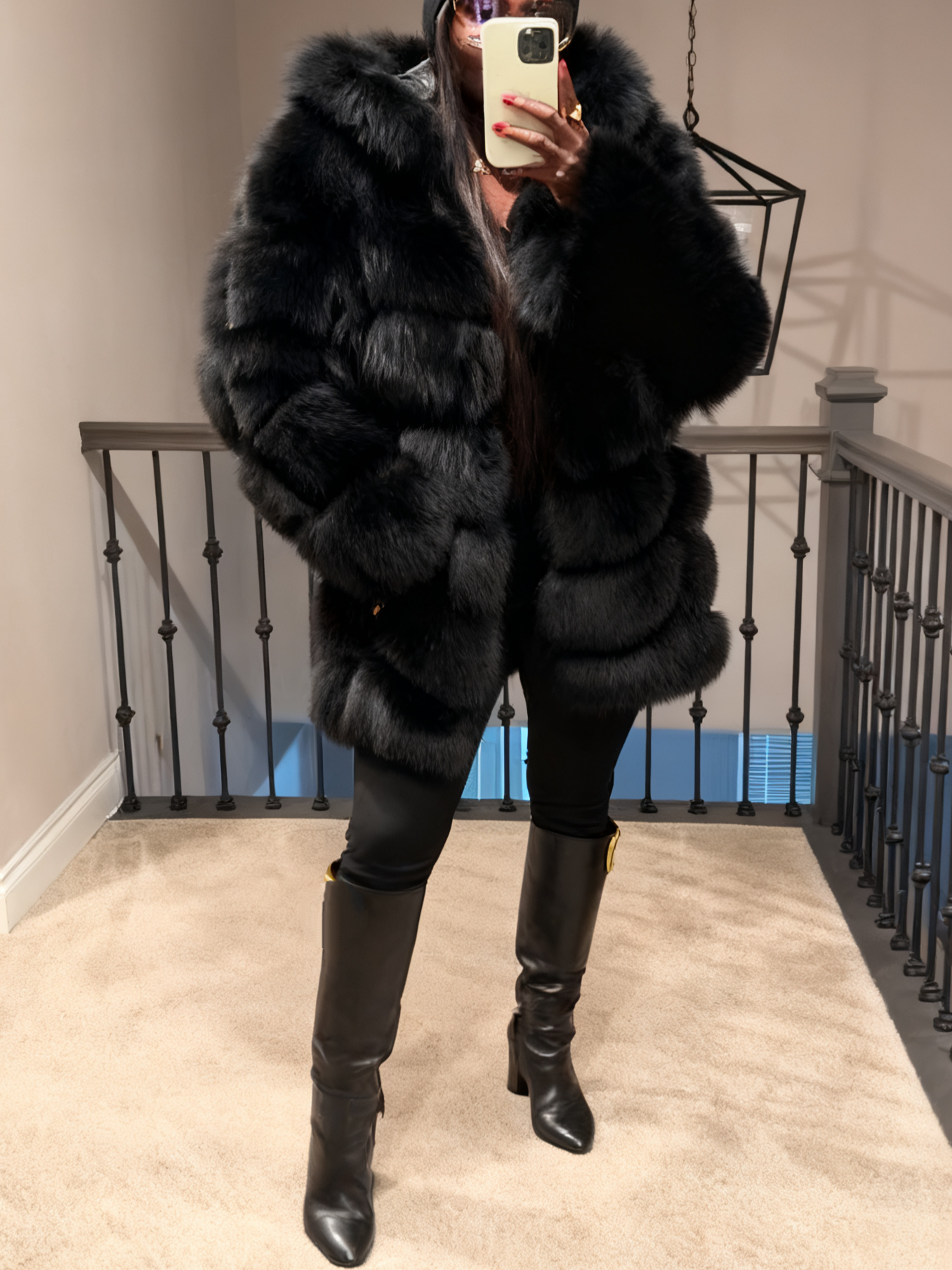 Warm Winter Outerwear Luxurious Black Fur Functional Coat