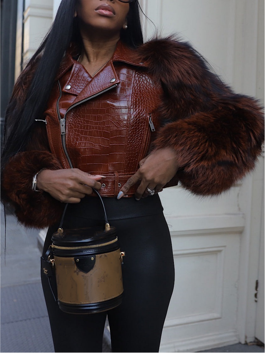 Luxury Chestnut Crocodile-Effect Leather Fluffy Fur Sleeves Moto Jacket