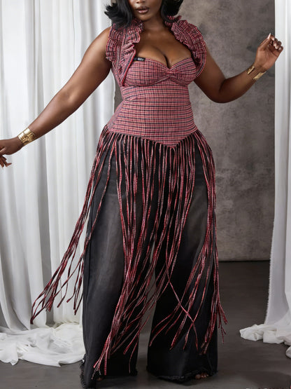 Sweetheart Neck Plaid Ruffle Fringe Top