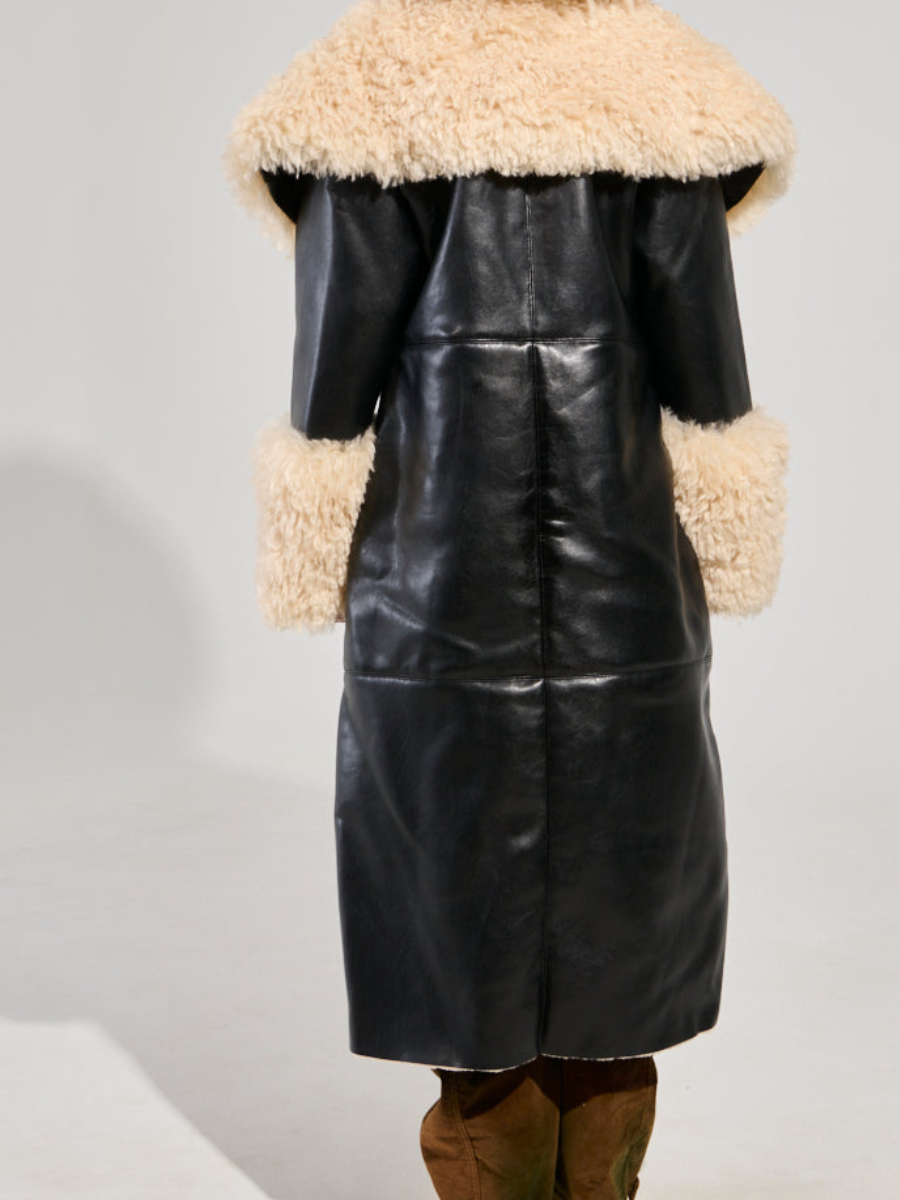 Fluffy Faux Leather Trench Coat