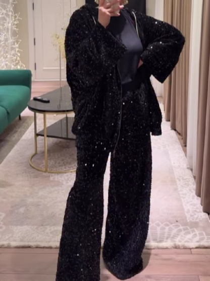 Velvet Sequin Zip Hooded Set