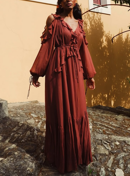 Rustic Charm: Elegant Burgundy Maxi Dress with Ruffled Sleeves