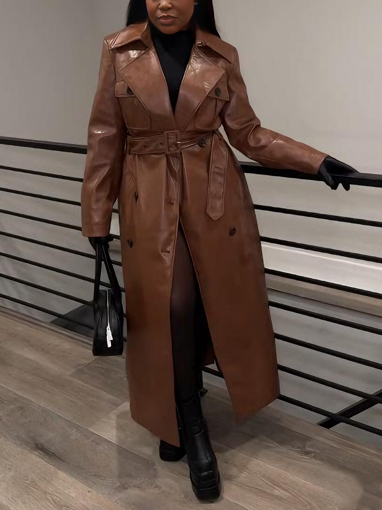 Belted Faux-Leather Trench Coat