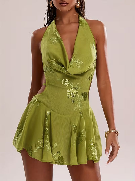 Floral Sequin Low-Cut Draped Neckline Halter Mini Dress