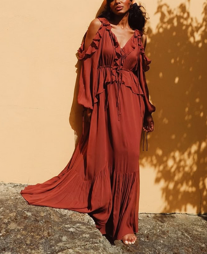 Rustic Charm: Elegant Burgundy Maxi Dress with Ruffled Sleeves