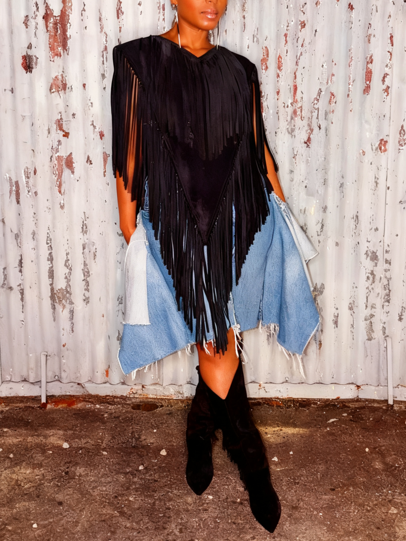 Black Fringe Detail V - Neck Top