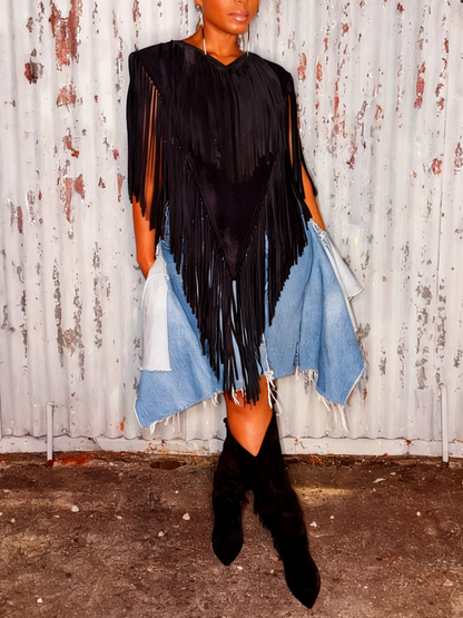 Black Fringe Detail V - Neck Top