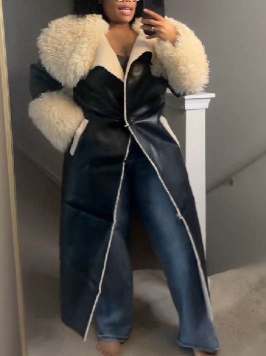 Fluffy Faux Leather Trench Coat