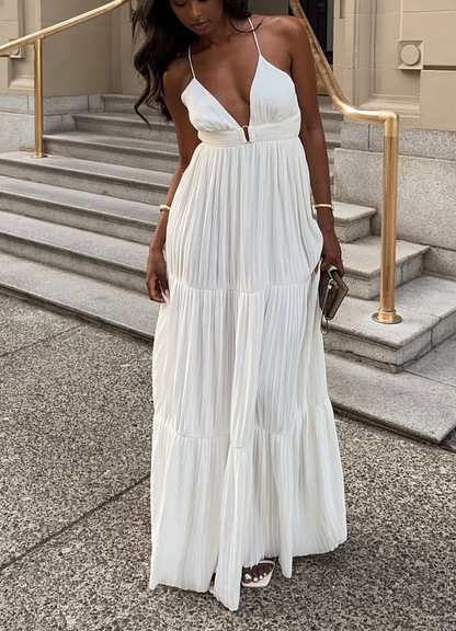 Elegant White Deep V Neck Sleeveless Maxi Dress
