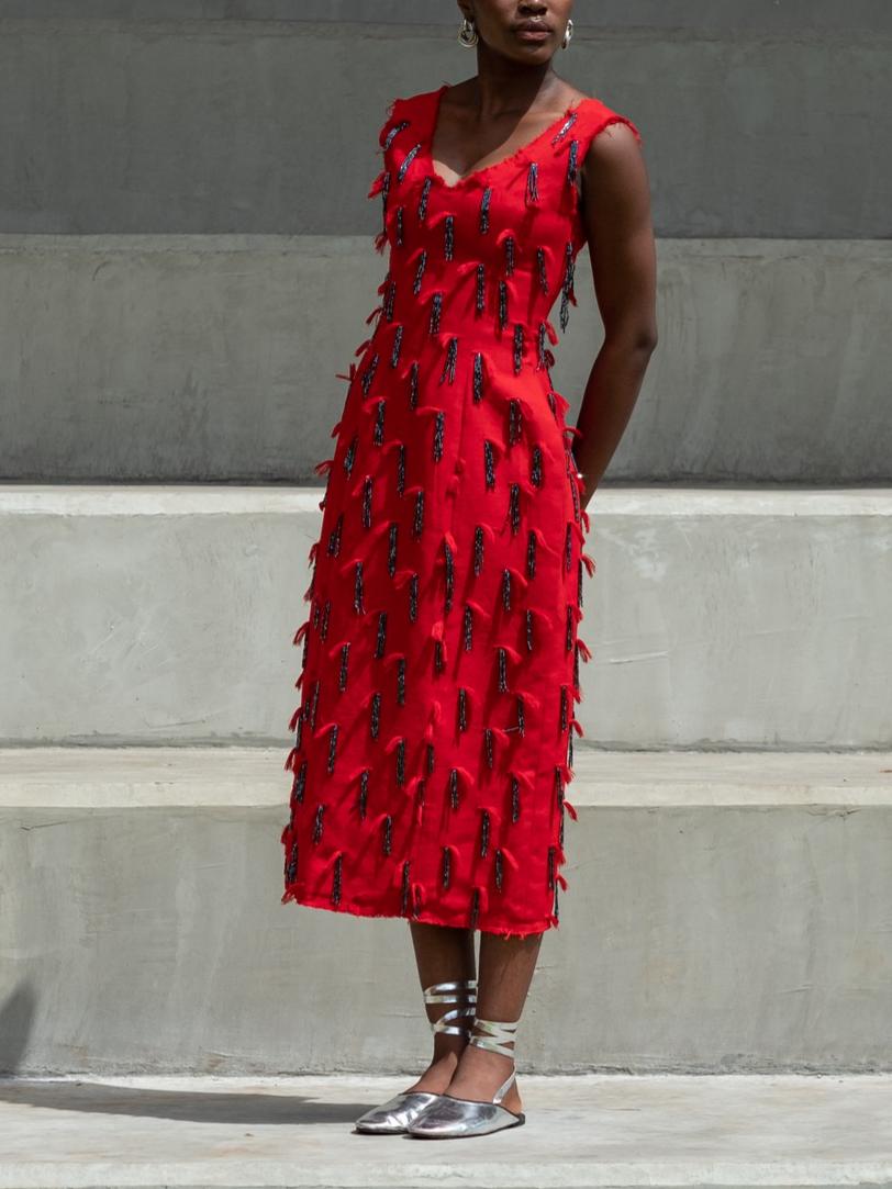 Vibrant Red Hand Embroidered Tassel and Fringed Glass Beads Midi Dress