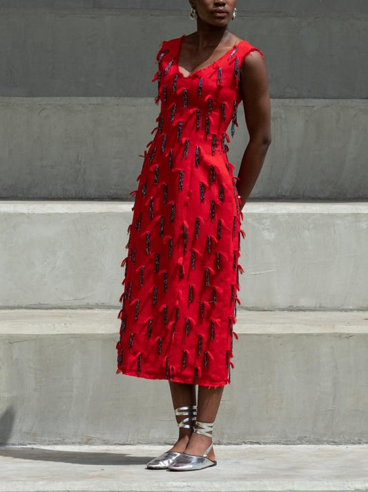 Vibrant Red Hand Embroidered Tassel and Fringed Glass Beads Midi Dress