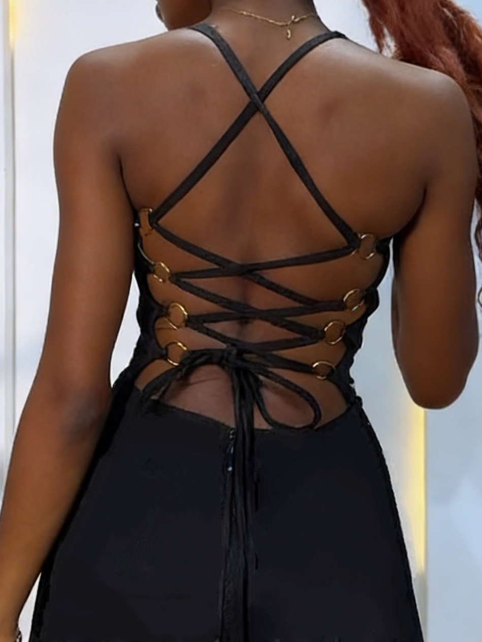 Black Halter Neck Lace-Up Back Satin Formal Gown