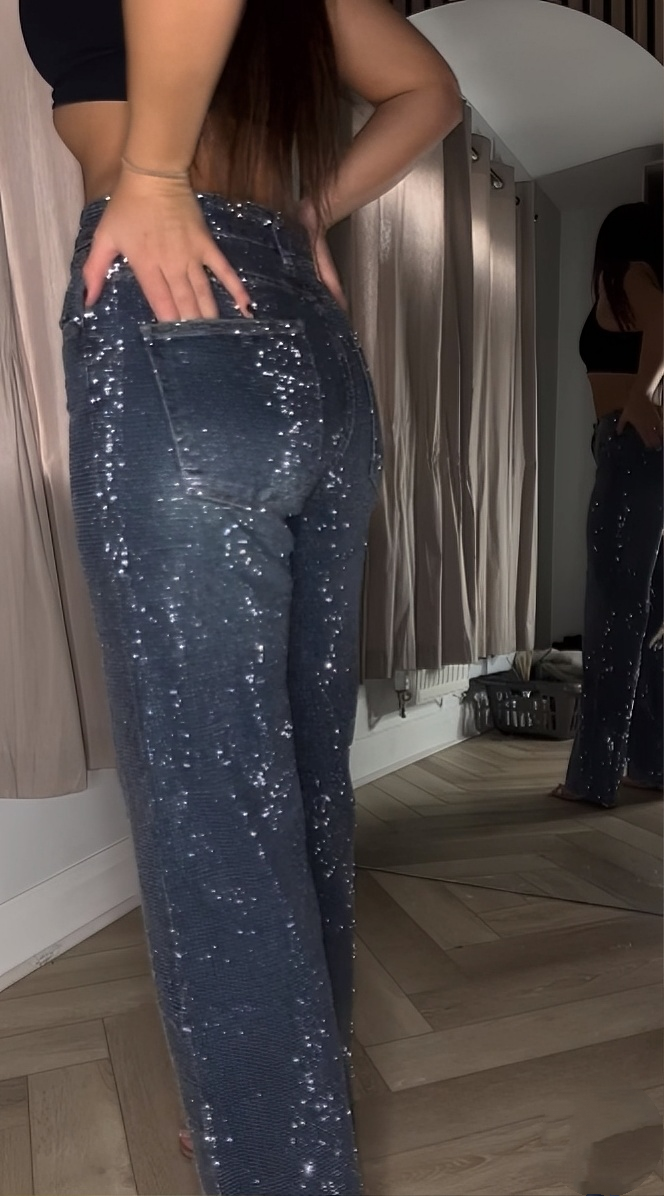 Dark Blue Diamanté Wide Leg Sparkle Covered Jeans
