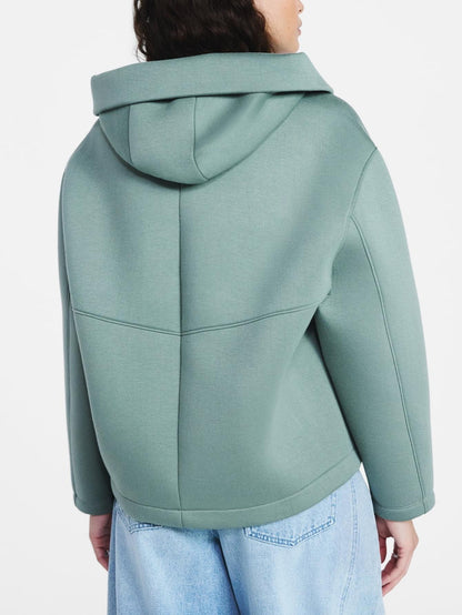 Oversized Scuba Hooded Jacket with Wide Lapel & Drawstring Hem