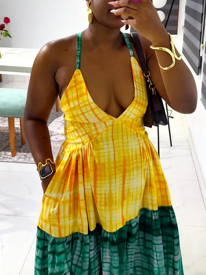 Vibrant Checkered Pattern Two - Tone Halter Dress