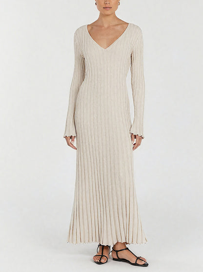Elegant Stone Sleeved Knit Midi Dress