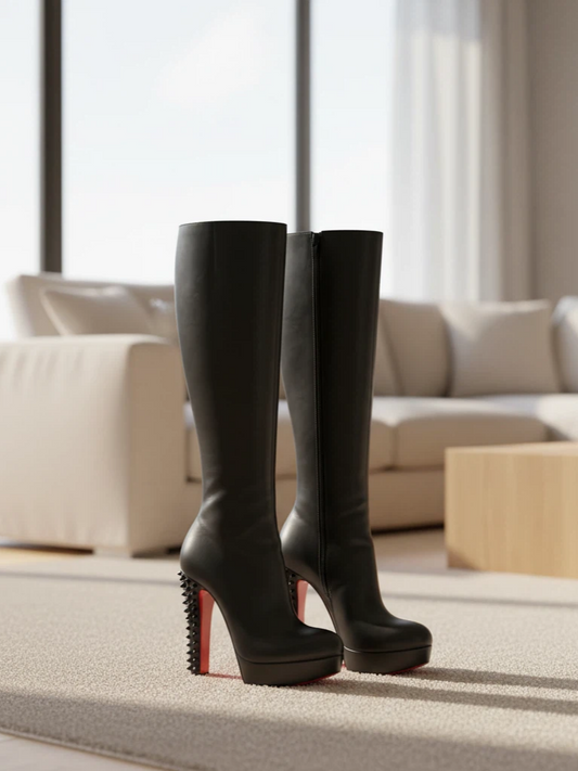 Black Leather Knee-High Boots with Studded Spike Heels