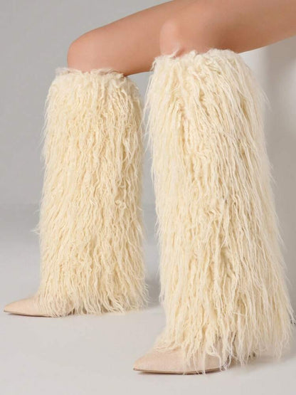 Y2K Fluffy Curly Fur Knee-High Boots