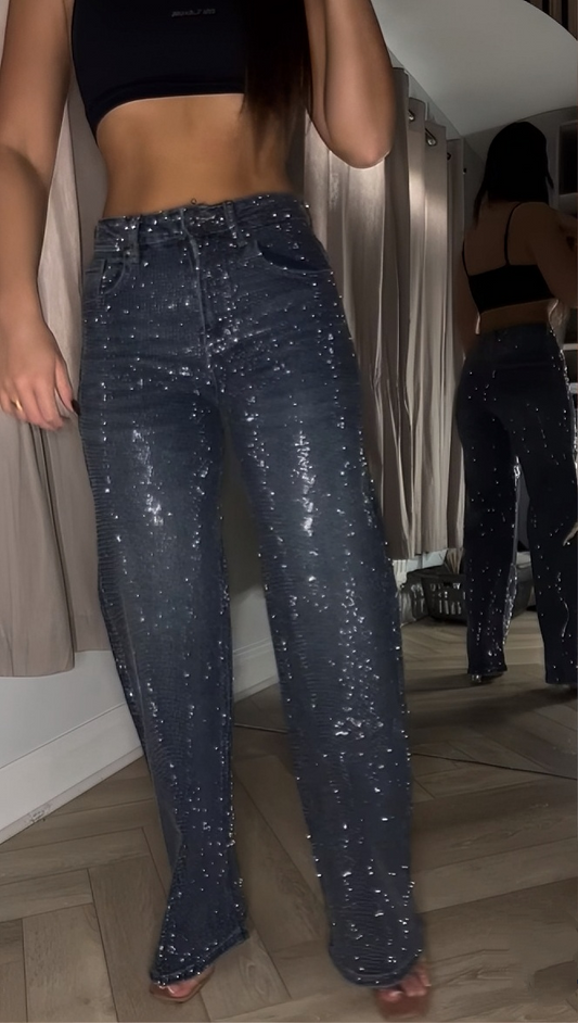 Dark Blue Diamanté Wide Leg Sparkle Covered Jeans
