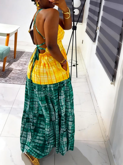 Vibrant Checkered Pattern Two - Tone Halter Dress
