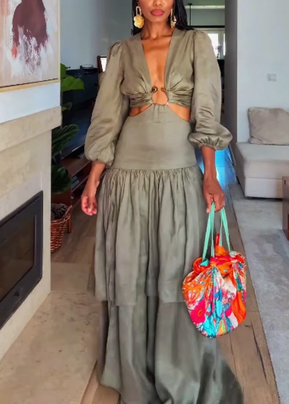 Elegant Maxi Dress with Cut - out Design and Puffed Sleeves