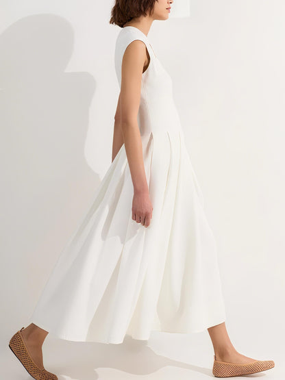Elegant Square Neckline White Sleeveless Dress