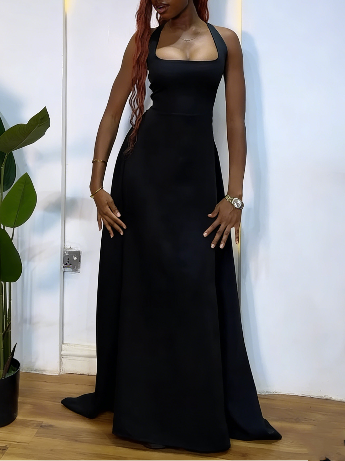 Black Halter Neck Lace-Up Back Satin Formal Gown