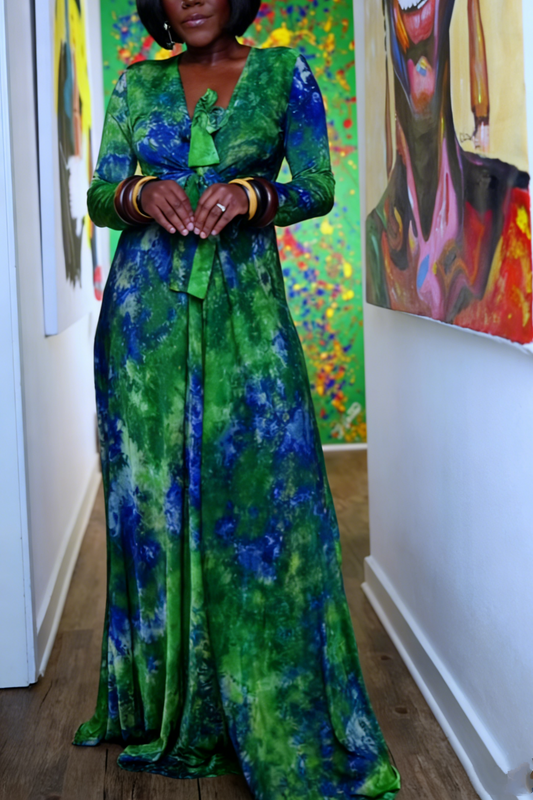 Green & Blue Tie Dye Long Sleeve Deep V Maxi Dress