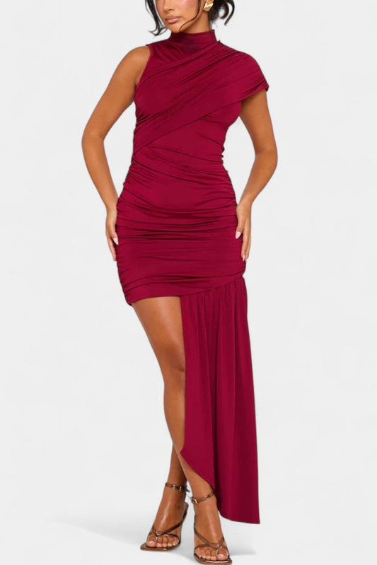 High Neck Sleeveless Ruched Asymmetrical Slit Midi Dress