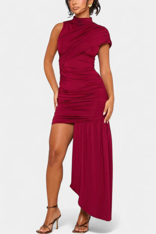 High Neck Sleeveless Ruched Asymmetrical Slit Midi Dress