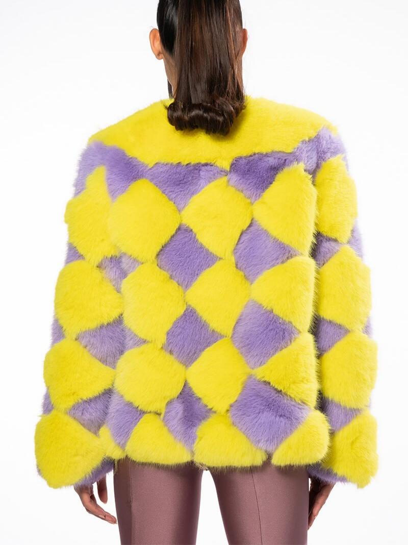 Vibrant Color Block Faux Fur Coat
